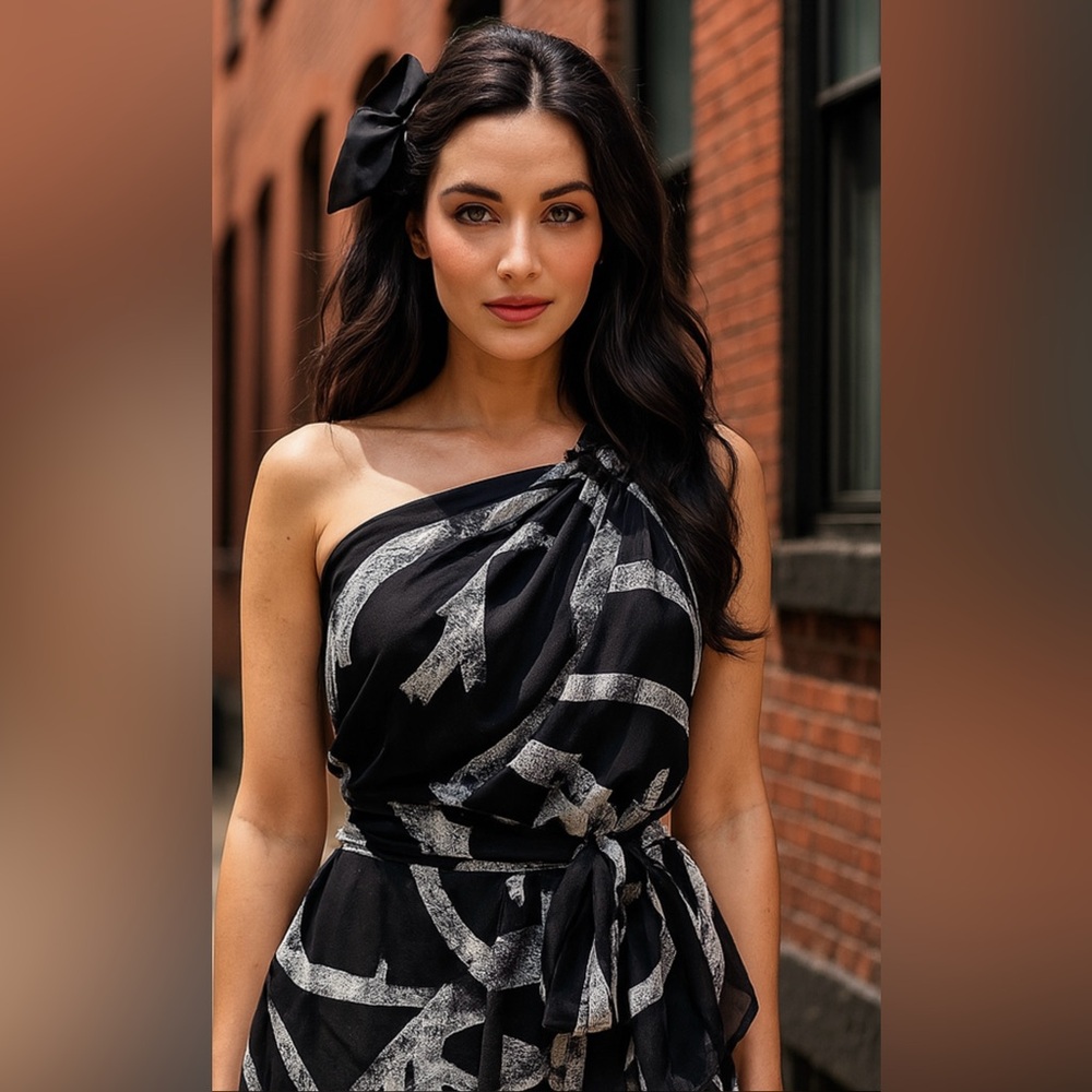 MORENA ROSA - Elegant Black and White Abstract One Shoulder